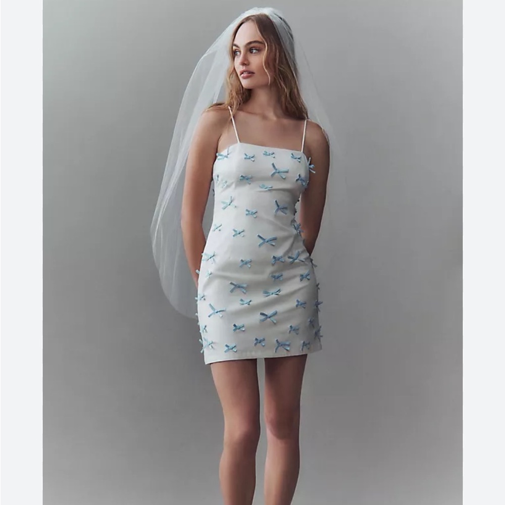 BHLDN Blue Bow Fitted Mini Dress